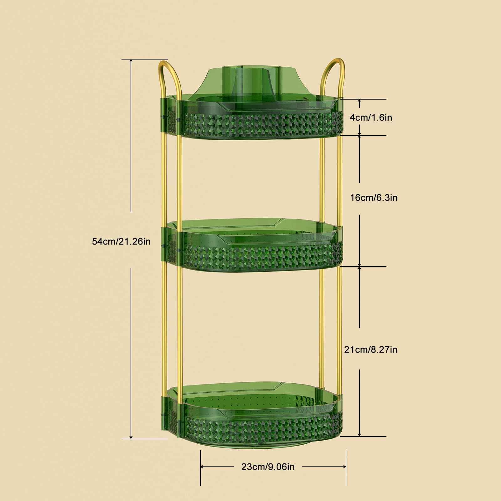 BOCONY Rotating Makeup Organizer for Vanity 3 Tier, Perfume Organizer with Makeup Brush Holder, Large Capacity Cosmetics Clear Skincare Organizer for Countertop (Green)