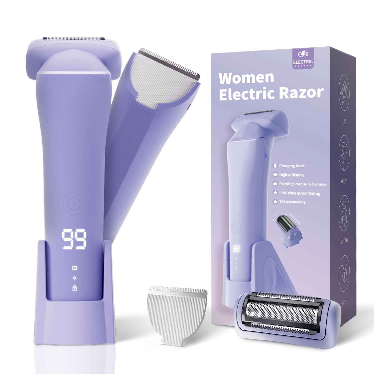 Krofaue Electric Shaver for Women,Rechargeable Bikini Trimmer for Body & Pubic Hair, Wet Dry Women Razor for Legs Underarms Bikini Line, IPX6 Waterproof, LED Display, Travel Lock, Magnetic Charging