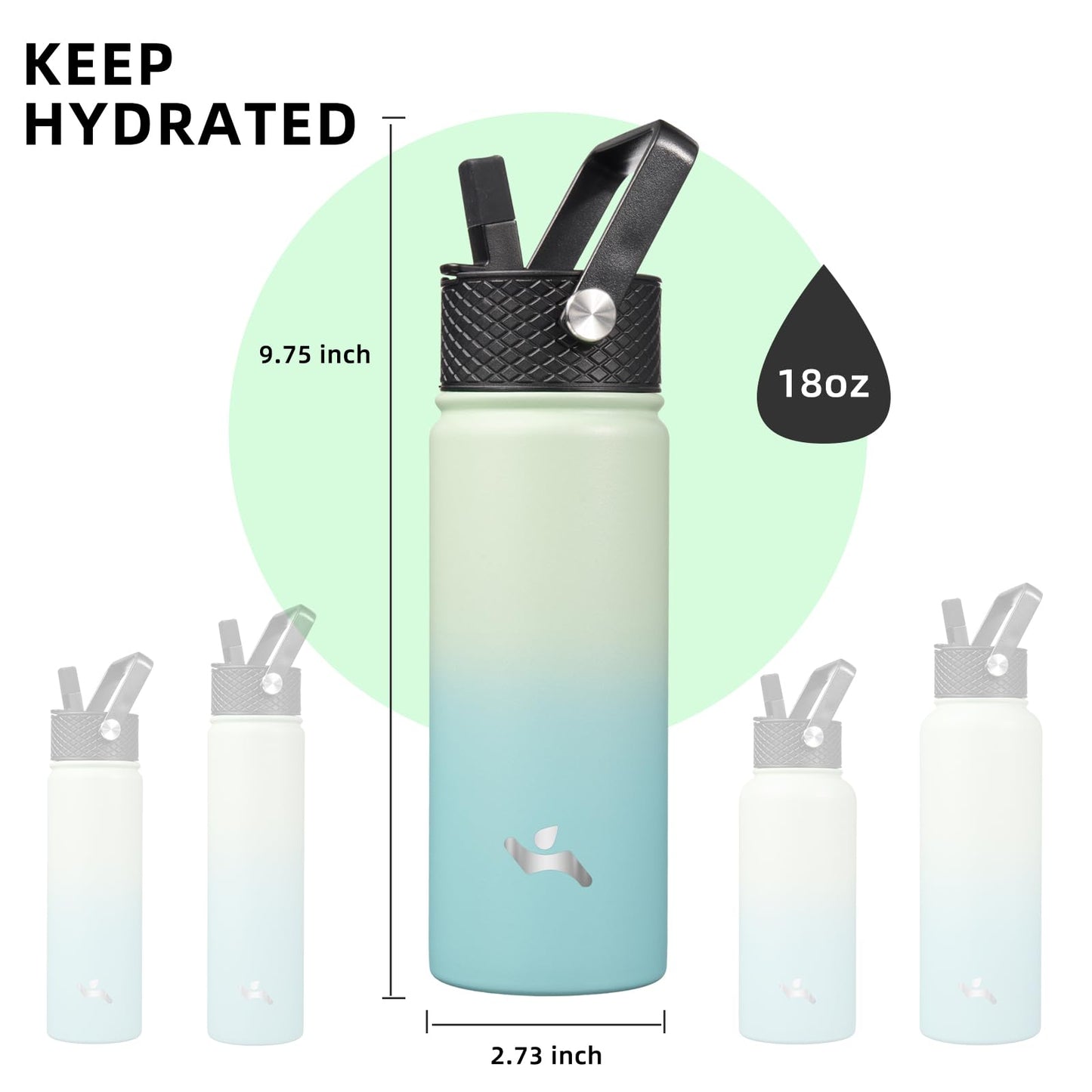 Konokyo Insulated Water Bottle with Straw,18 oz 3 Lids Metal Bottles Stainless Steel Water Flask,Mint