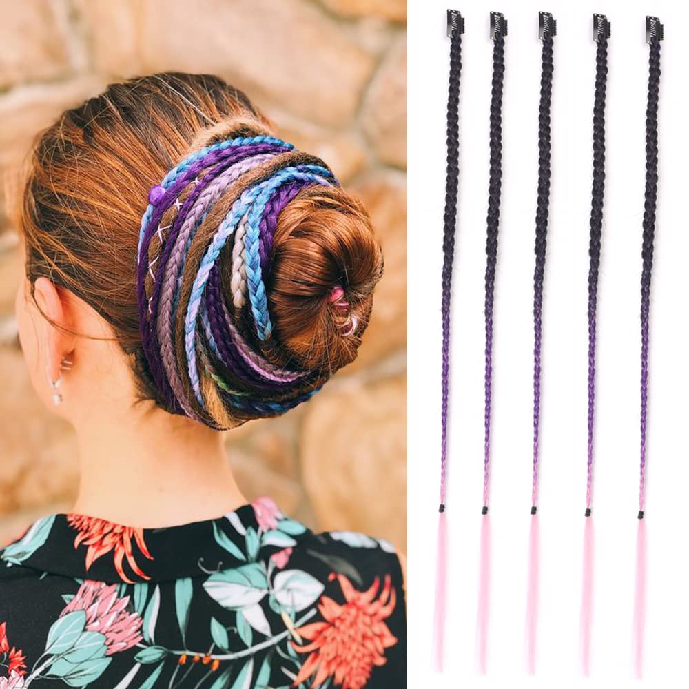 Braid Hair Extensions, 5 PCS Chignon Baby Braids Clip in Hair Extensions Braided Hair Piece Natural Soft Synthetic Hair for Women Girl Kids Ombre Color (Tblack/purple/pink)