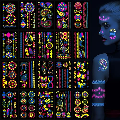 Koogel 25 Sheets Glow in Dark Temporary Tattoos, 160PCS Glow Tattoo Stickers Waterproof UV Neon Face Tattoos for Boys Girls Women Men Party Supplies