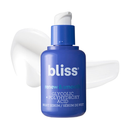 Bliss Renew & Smooth Night Face Serum | Resurfacing Treatment with Glycolic Acid and AHA Glycolic + Polyhydroxy Acid | for Smoother, Brighter Skin | Vegan & Cruelty-Free Exfoliating Serum | 1 Fl Oz