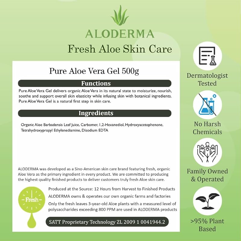 Aloderma Aloe Vera Gel 17.6oz - Organic, Non-Sticky for Face & Hair