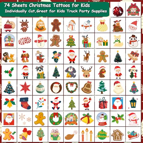 Christmas Temporary Tattoos for Kids - 74 Individually Sheets Santa Claus & Snowman Tattoos for Kids' Xmas Party Favors, Stocking Stuffer, Christmas Eve Gift