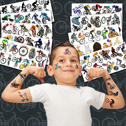 105 PCS Bike Temporary Tattoos Birthday Party Decorations Supplies Favors Black Bycicle Street Mountain Road Bike Sports Decor Stickers For Boys Girls Gift School Prizes Rewards