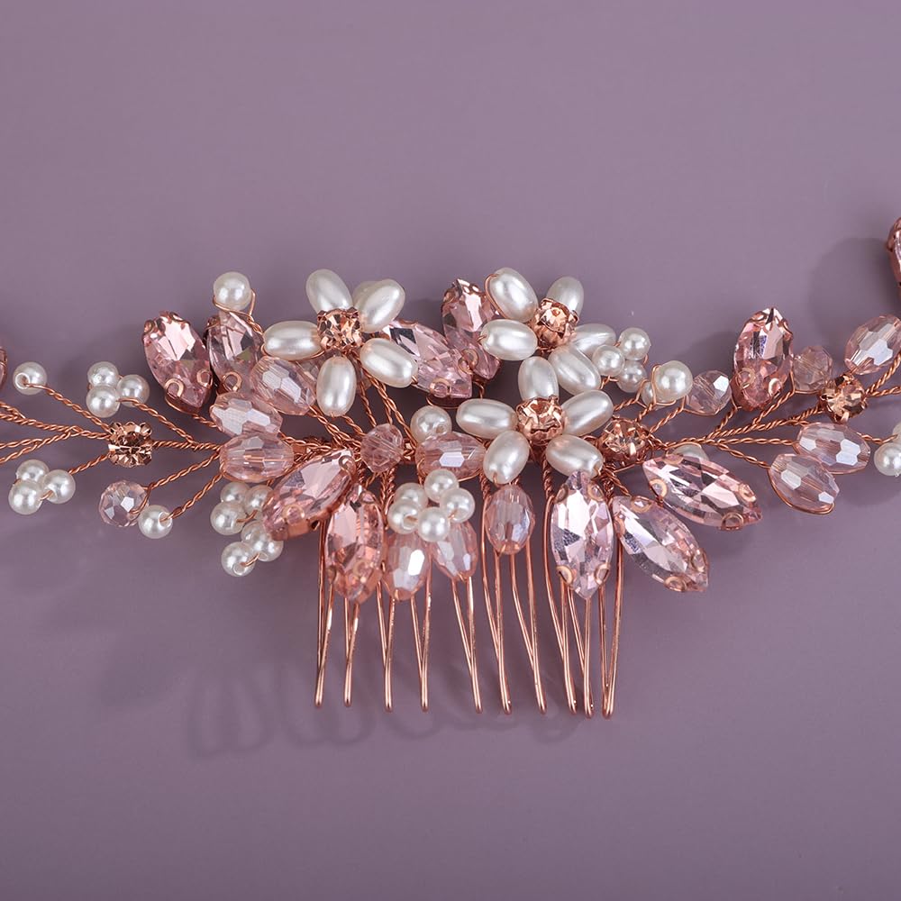 Rumtock Pink Crystal Rose Gold Hair Piece for Wedding Brides Women Girls Banquet Handmade Boho Hair Accessories Side Combs for Special Occasion (Pink)