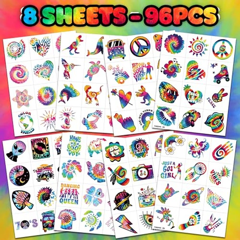 96 PCS Tie Dye 90s 80s Pre-Cut Temporary Tattoos for Kids | Super Cute Themed Birthday Party Favors, Supplies, Decorations, Colorful Fake Tattoo Stickers (multiple)