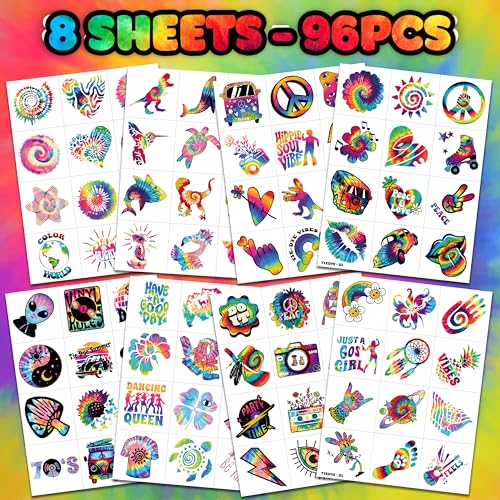 96 PCS Tie Dye Temporary Tattoos for Kids Party Favors
