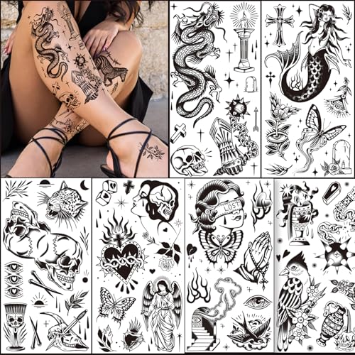 Tazimi 12 Sheets Large Black Old School Temporary Tattoos for Women Men& Adult, Traditional American Retro Styles Half Arm/DIY Free Combination Waterproof Classic Fake Tattoos Tattoo