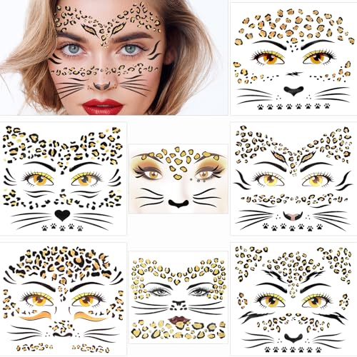Leopard Face Tattoo Stickers - 7 Sheets Glitter Cheetah Print