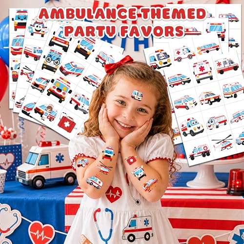 96 PCS Ambulance Temporary Tattoos for Kids Party Favors