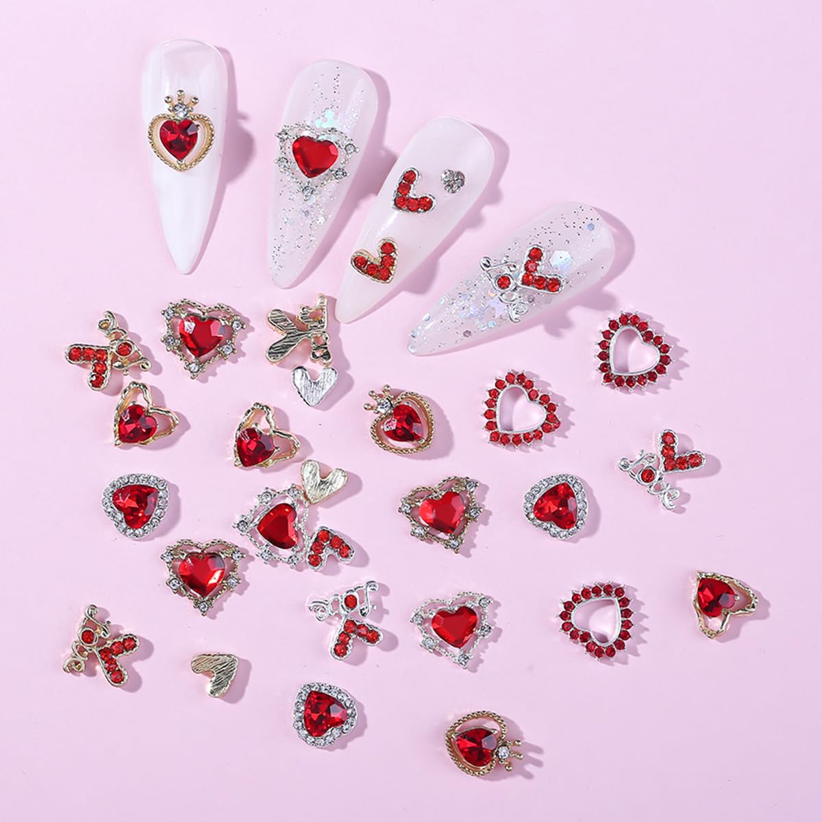 30 Pcs Valentine’s Day Nail Charms 3D Alloy Nail Art Charms 3D New Heart Love Shape Red Valentine's Day Gems Design for Manicure Craft DIY Diamond Nail Rhinestone Manicure Accessories