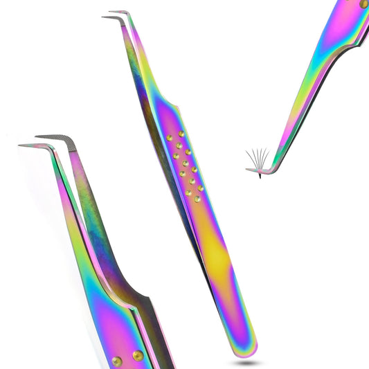 My Lash Tools Lash Tweezers For Eyelash Extensions Precision Fiber Tip Tweezers For Lash Extensions Mega Volume Lash Tweezer | Professional Stainless Steel Lashing Tweezers (Dot Grip Rainbow)