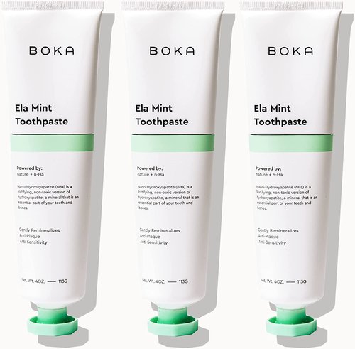 Boka Fluoride Free Toothpaste - Nano Hydroxyapatite, Remineralizing, Sensitive Teeth, Whitening - Dentist Recommended for Adult, Kids Oral Care - Ela Mint Flavor, 4 Fl Oz 3Pk - US Manufactured