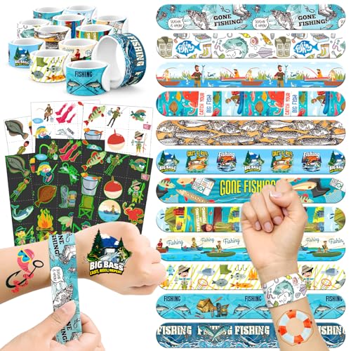 96 PCS Fishing Party Favors Set ? 72 Pre-Cut Temporary Tattoos & 24 Slap Bracelets for Kids, Perfect for Outdoor Birthday Parties, Camping Adventures & Classroom Rewards