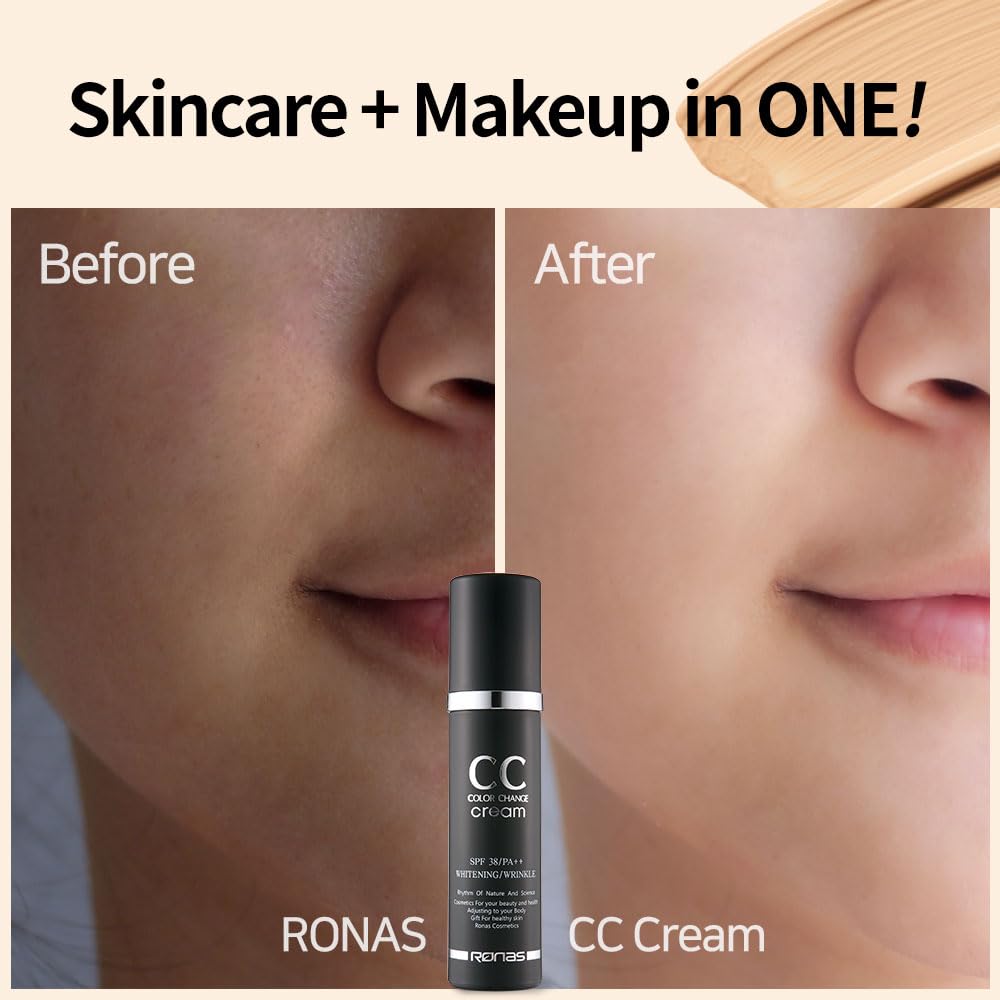 Ronas CC Color Change Cream SPF38 PA+++ UV Protection Sunscreen Foundation Makeup base Korean Aesthetic Cosmetics 1.69 Fl oz