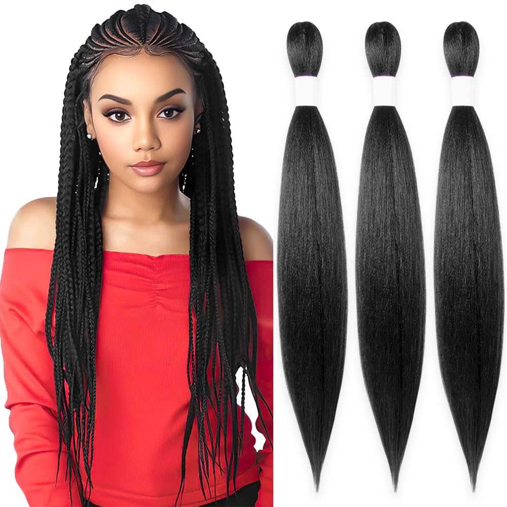 KAVSORAPI Braiding Hair 24 Inch Pre Stretched Hair Color 1 Long Straight Crochet Braids Yaki Texture Synthetic Hair 3 Packs (1#/Jet Black)