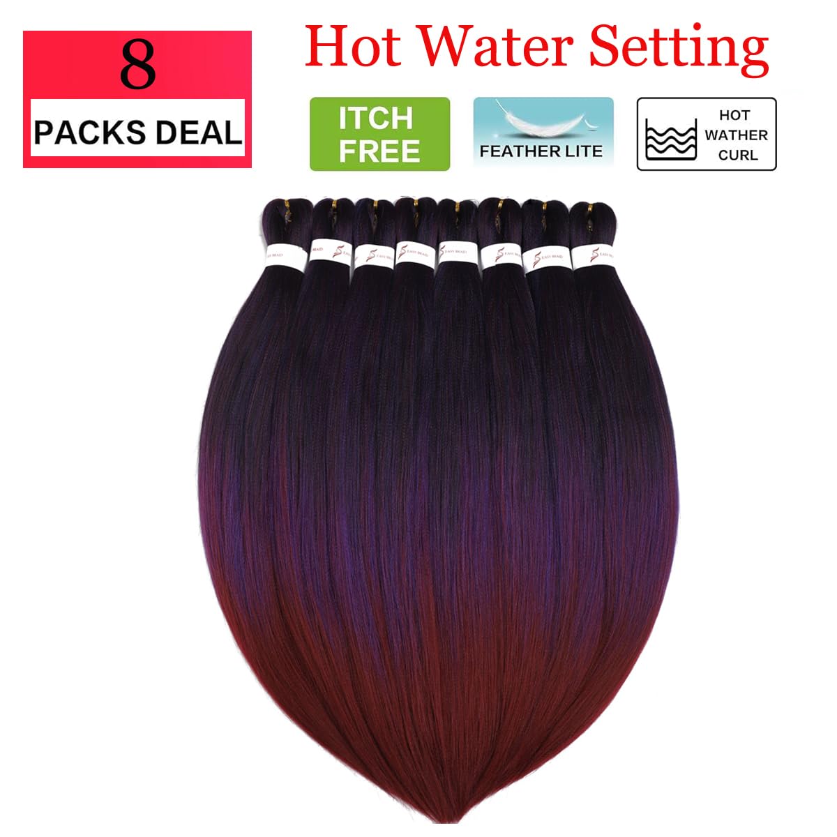 Pre Stretched Braiding Hair 8 Packs 30 inch Long Braiding Hair Prestretched Crochet Braids Hair Professional Yaki Straight Synthetic Hair Extensions(30",1B/Purple/900)