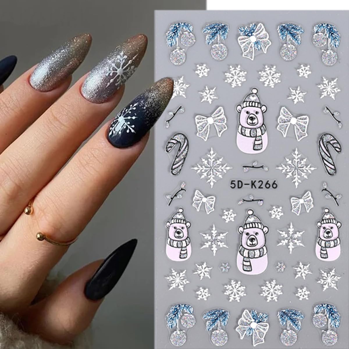 8 Sheet Christmas Nail Stickers for Nail Art 3D Snowflake Nail Art Stickers Self-Adhesive Xmas Nail Supplies Laser Gold Snowmen Elk Bell Nail Art Designs Holiday Nail Decals for Women Nail Decoration