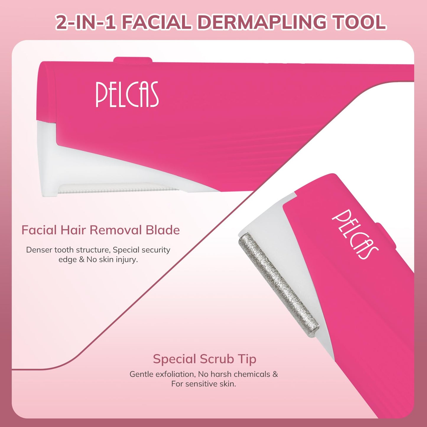 PELCAS Electric Dermaplaning Tool for Face with LED Light, Mini Dermaplaning Razor Kit for Women with 6 Replace Blades 3 Speeds Facial Peach Fuzz Exfoliation & Hair Removal At Home BV18-712 Rose Pink