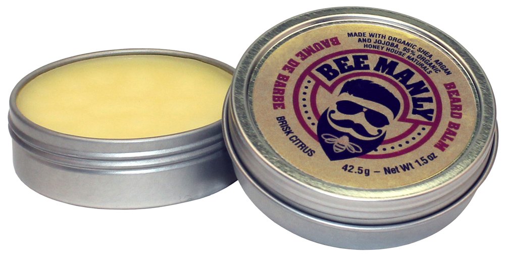 Bee Manly Honey House Naturals Beard Balm – Brisk Citrus Scent – 1.5 ounce Round Travel Size Tin – All Natural Ultra Moisturizing Beard Balm Infused with Essential Oils and Butters