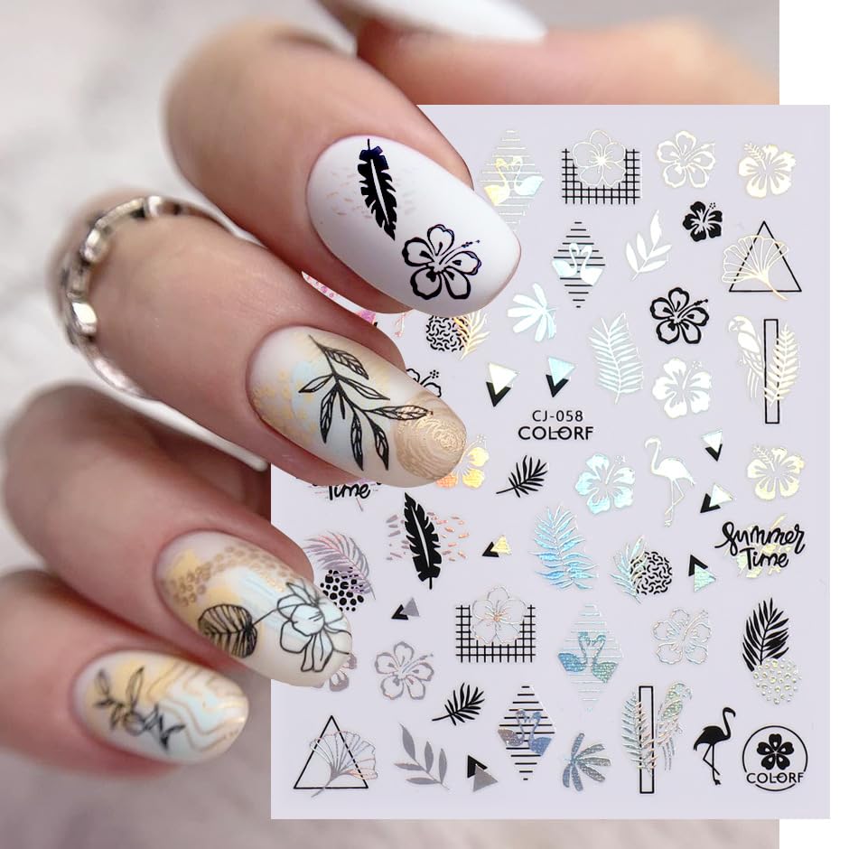 Summer Nail Art Stickers 3D Embossed Coconut Tree Nail Stickers Cute Nail Decals Black Silver Leaf Nail Art Design Decals for Nail Art Summer Designs Self Adhesive Nail Art Supplies Accessories 6PCS