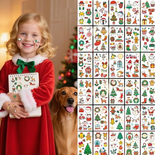 30 Sheets Christmas Temporary Tattoos for Kids
