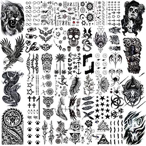 50 Sheets Black Temporary Tattoos For Men Adults Ealge Dragon Lion Wolf Animals For Women Neck Arm Thigh, Fake Small Skull Tattoo Sticker For Kids Children Boys Girls Tatoos