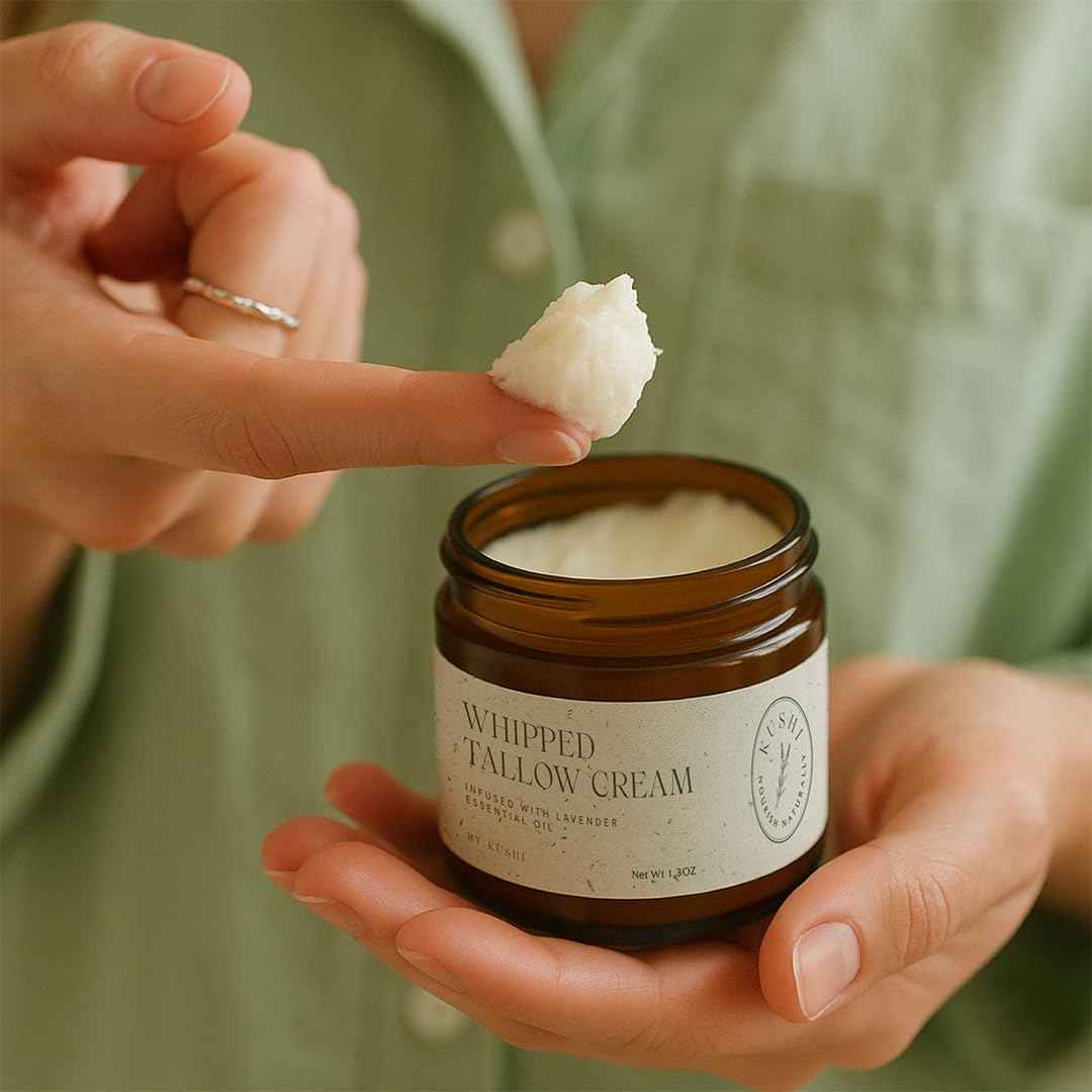 KUSHI Grass-Fed Whipped Tallow Cream Moisturizer for Face & Body – Organic Lavender – Vitamins A, D, E, K – Paraben & Sulfate Free, All-Natural Skin Care – 1.3oz