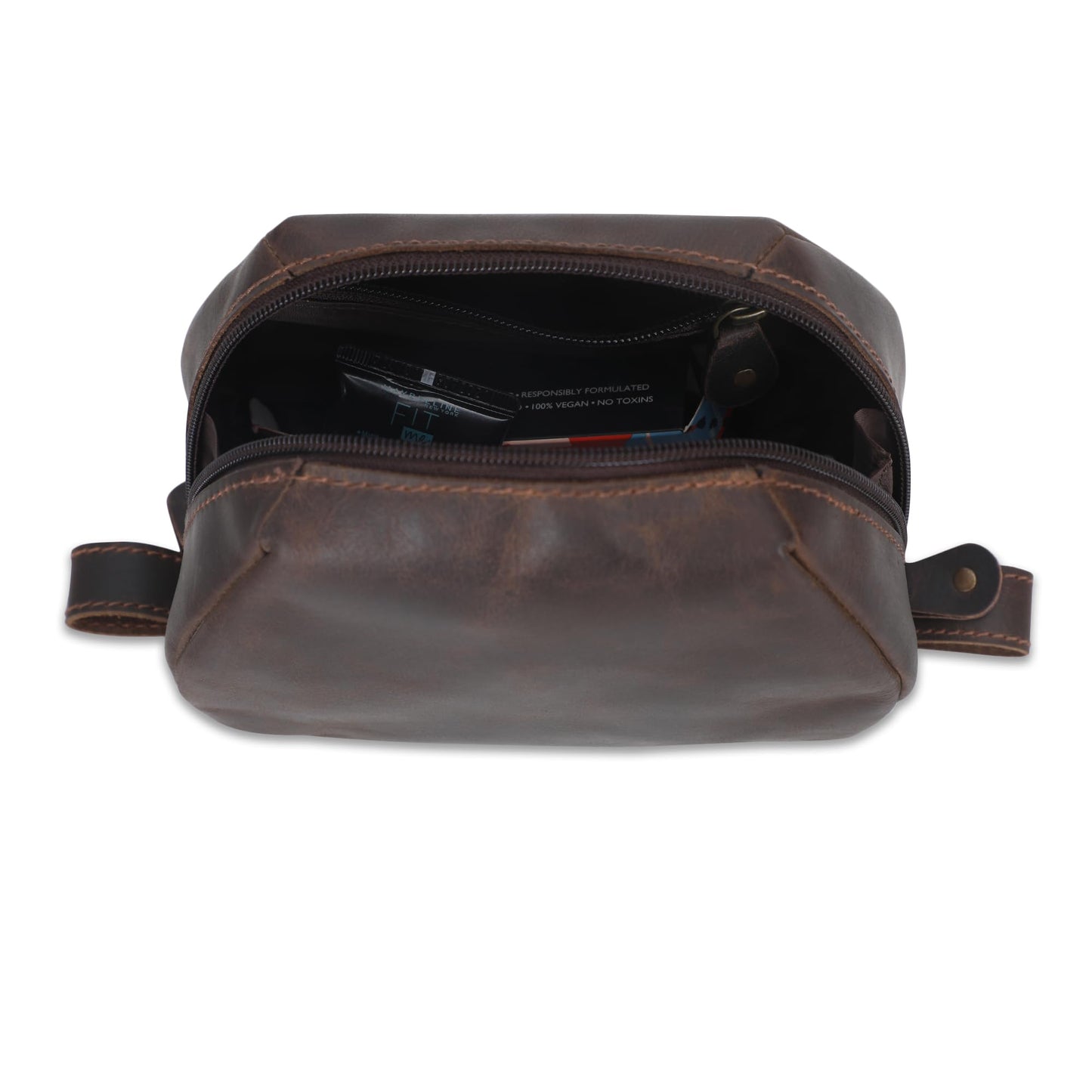 CestAntiQ Leather Travel Makeup Bag – Large Cosmetic Case with Brush Holders, Clear Toiletry Organizer for Women, Professional Makeup Pouch (Brown) (Small Toiletry Kit)