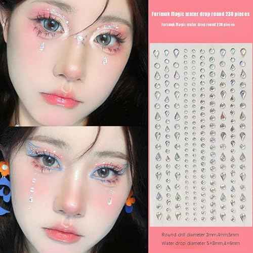 Face Gems Self-Adhesive Water Drop Rhinestone Jewels Stickers for Makeup, Teardrop Stick-on Pearls Hair Gems for Women Festival, Hair, Eye, Nail, Body Decorations Accessory