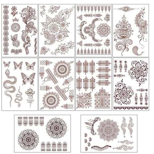 Brown Temporary Tattoo Stickers - 10 Sheet Mandala Lace Waterproof