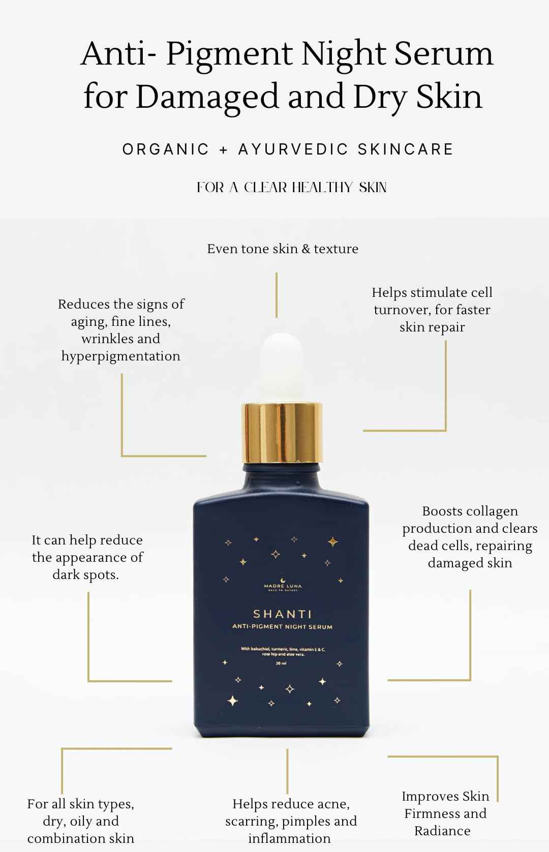 Madre Luna SHANTI - Night Facial Oil Serum, Deep Hydration, Anti-Pigmentation with Bakuchiol Oil (Natural Retinol), Anti-Aging, Ideal for All Skin Types - Face Oil