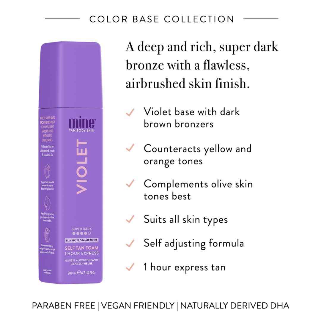 Minetan Violet Self Tanning Foam | Color Base Tan Collection - Rich Dark Brown Bronze Glow, 1 Hour Instant Express, Face & Body Fake Sunless Tanner Mousse, For All Skintones, 6.7 Fl Oz