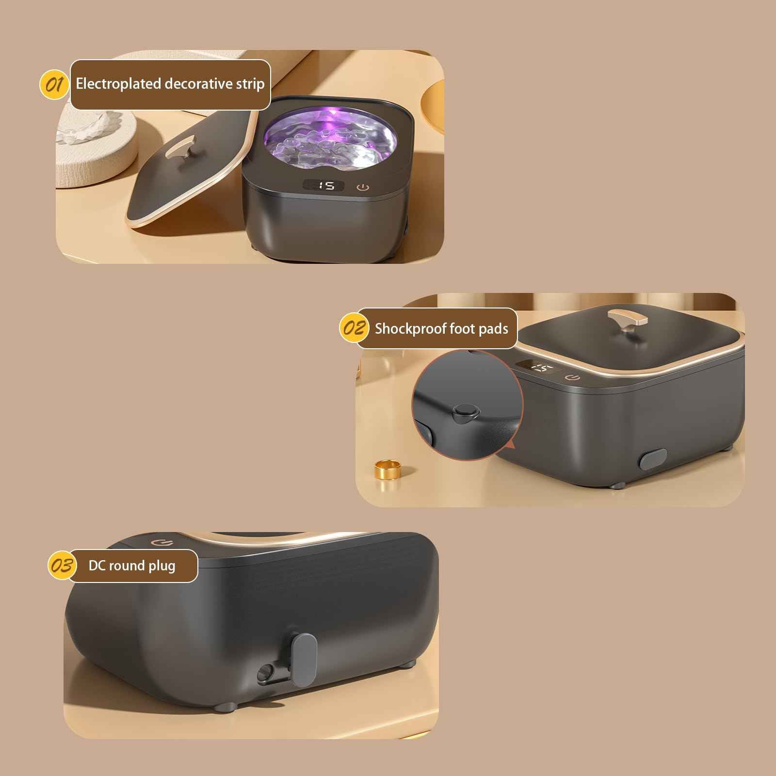 Ultrasonic Retainer Cleaner - 48kHz Retainer Cleaner Machine for Dentures, Mouth Guards, Aligner, Toothbrush Heads, Jewelry, 3 Modes Denture Cleaner with 250ml Dental Cleaning Pod