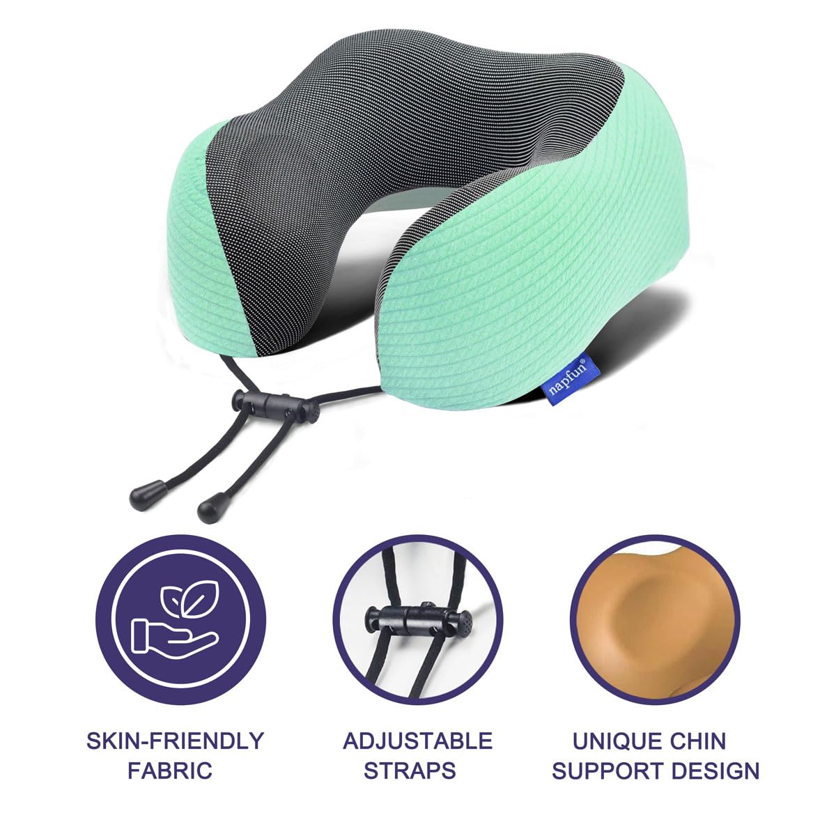 napfun Neck Pillow for Traveling, Upgraded Travel Neck Pillow for Airplane 100% Pure Memory Foam Travel Pillow for Flight Headrest Sleep, Portable Plane Accessories, Striped Turquoise