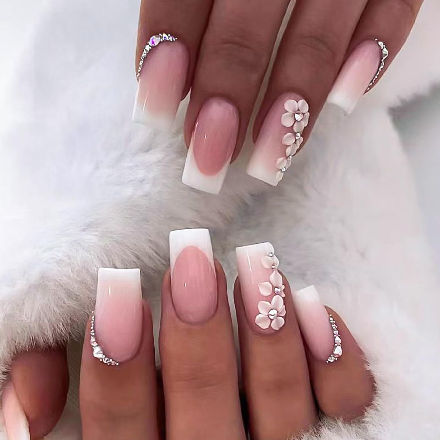 24Pcs Press on Nails Medium Square Fake Nails Pink White False Nails with Rhinestones Flower Designs Stick on Nails French Tip Acrylic Nails Full Cover Glossy Manicure for Women