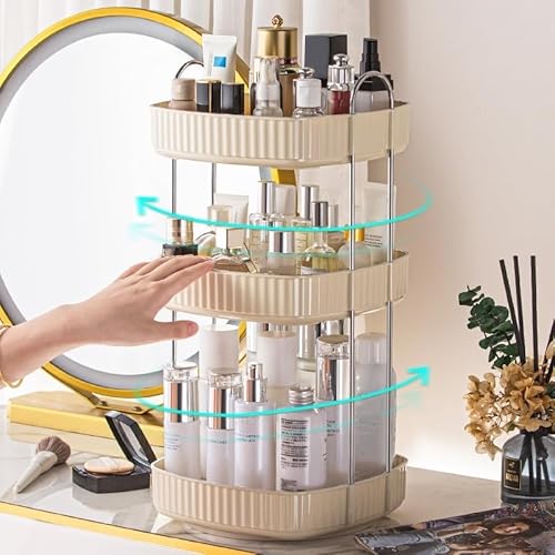 360¡Æ Rotating Makeup Organizer, Spinning Bathroom Organizer Countertop, Large Capacity Cosmetics Skincare Organizer for Bathroom Vanity Dresser Table (Cream, 3 Tiers)