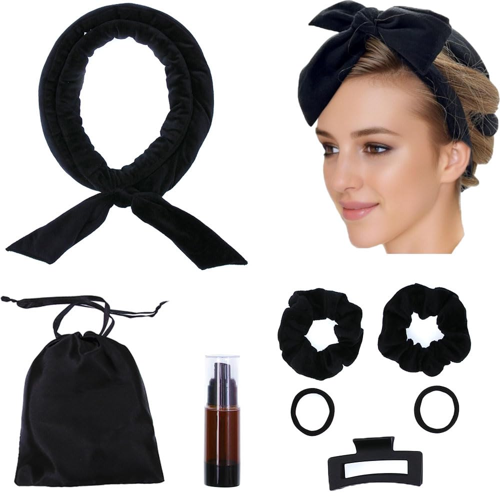 Heat less Hair Curls Headband Set-YiQiYi Heatless Curling Rod Headband Velvet Hair Roller Set for Women Girls Overnight DIY Wave Hair No Heat Curlers to Sleep In (Black)