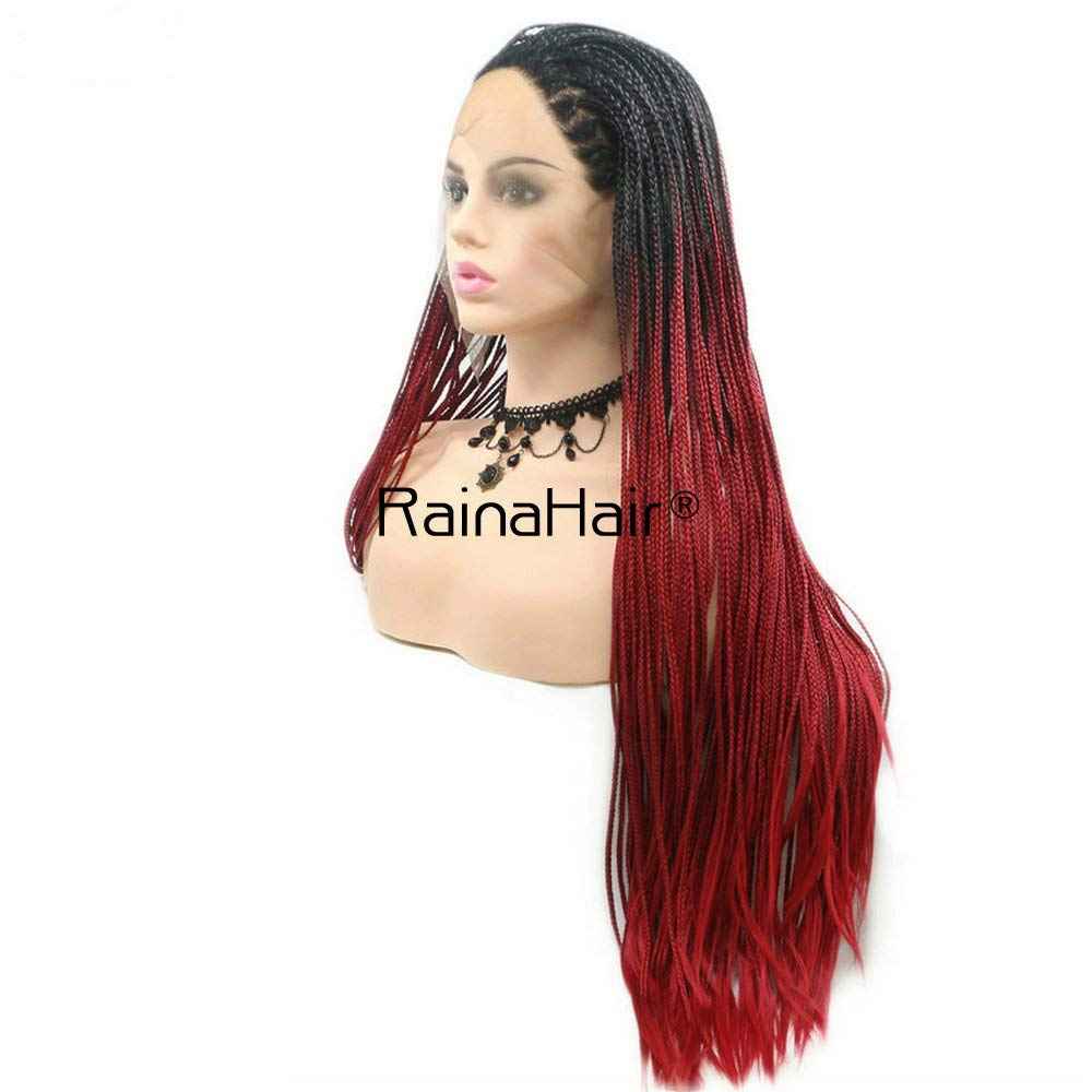 RainaHair 26inches Flawless Drag Queen Black Ombre Red Box Braided Wigs for Afro America Women Hairstyle Festival Makeup Party Cosplay Long Synthetic Hair Safety Wear Replacement Braids Wig