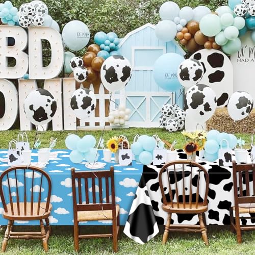 QUERICKY 4 Pack Colorful Cow & Check Pattern Plastic Tablecloths for Kids Birthday & Baby Shower, 87x51 inch, Blue, Yellow, Black
