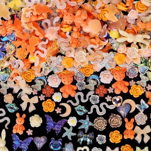 COOSLIM 110 Pieces 3D Bow Nail Charms for Acrylic Nails, Camellia Rose Flower Butterfly Bowknot Heart Bear Rabbit Star Bows Charms for Nail Art Designs DIY Accessories Craft(Orange)