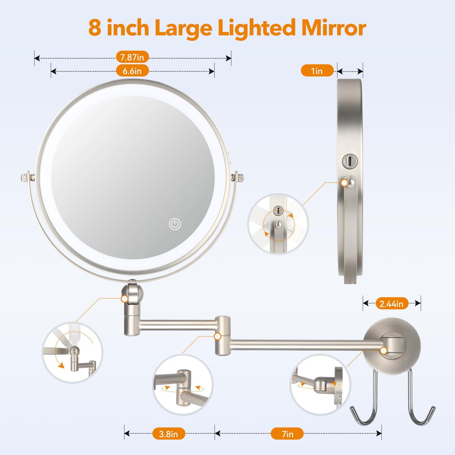IMIKONA Height Adjustable LED Wall Mounted Makeup Mirror with Hook, Double Sided 1X/10X Magnifying Vanity Mirror with Lights 360 Swivel 17Inch Extendable Arm Lighted Cosmetic Mirror(8 Inch, Nickel)