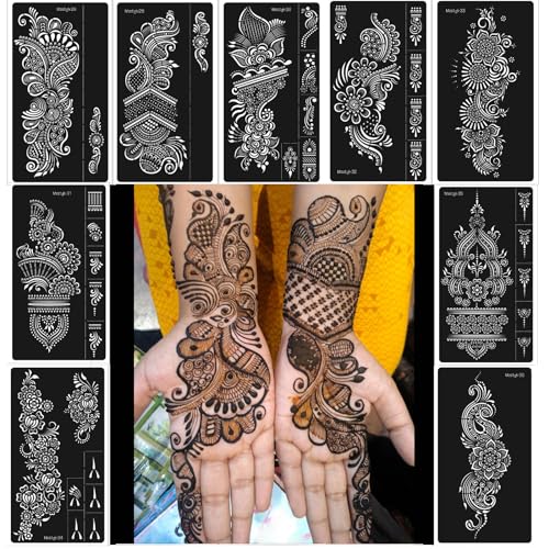 Henna Stencils 9 Sheet Henna Tattoo Kit, Reusable Henna Stickers for Hand Forearm Indian Arabian Self Adhesive Tattoo Templates