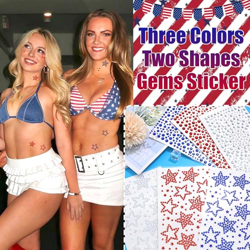 4th of July Star Face Gems - 6 Sheets Self-Adhesive Rhinestones