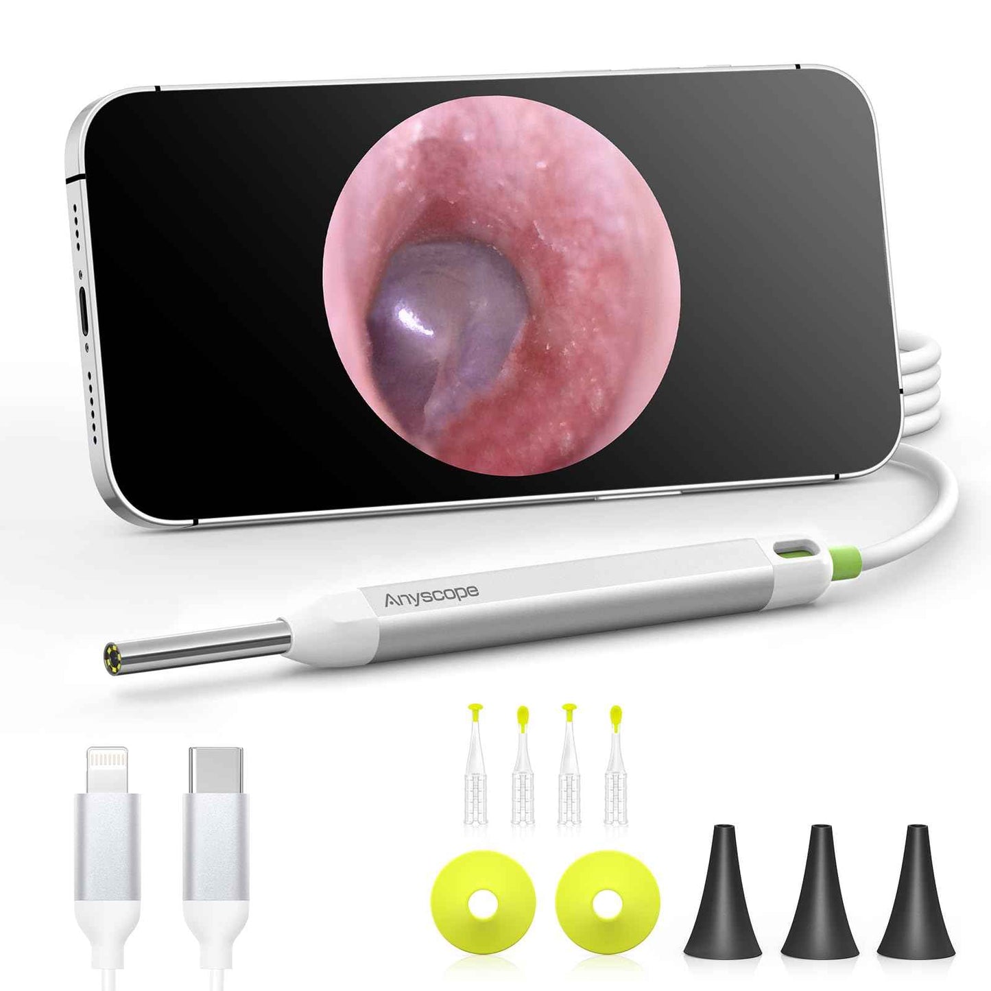 AnyScope HD Digital Otoscope, Video Ear Scope Otoscope with Light, Ultra Clear View Ear Camera with Ear Wax Removal Tools, Compatible with iPhone and Android Devices (Silver) ﻿