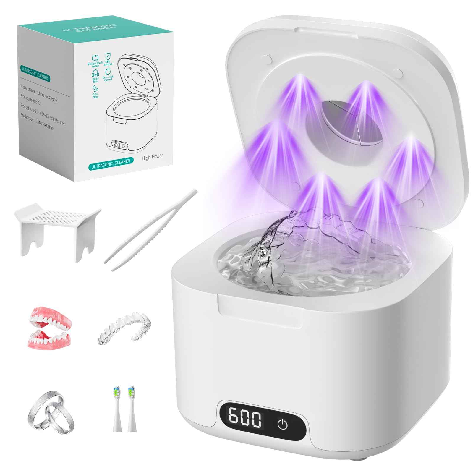 Ultrasonic Retainer Cleaner with UV Light, 49kHz Dental Ultrasonic Cleaner Machine with Digital Timer,Stainless Steel Tank for Retainers, Aligners, Dentures, Night Guards & Jewelry-White