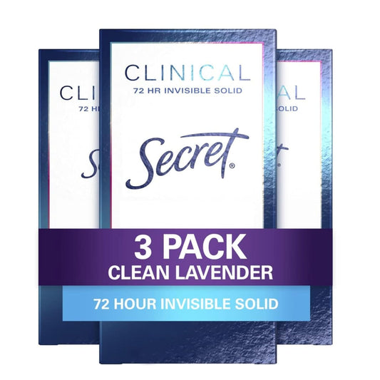 Secret Clinical Strength Antiperspirant and Deodorant for Women, 3X Stress Sweat Protection, PH Balancing Minerals, lnvisible Solid, Clean Lavender Scent, 1.6 oz (Pack of 3)