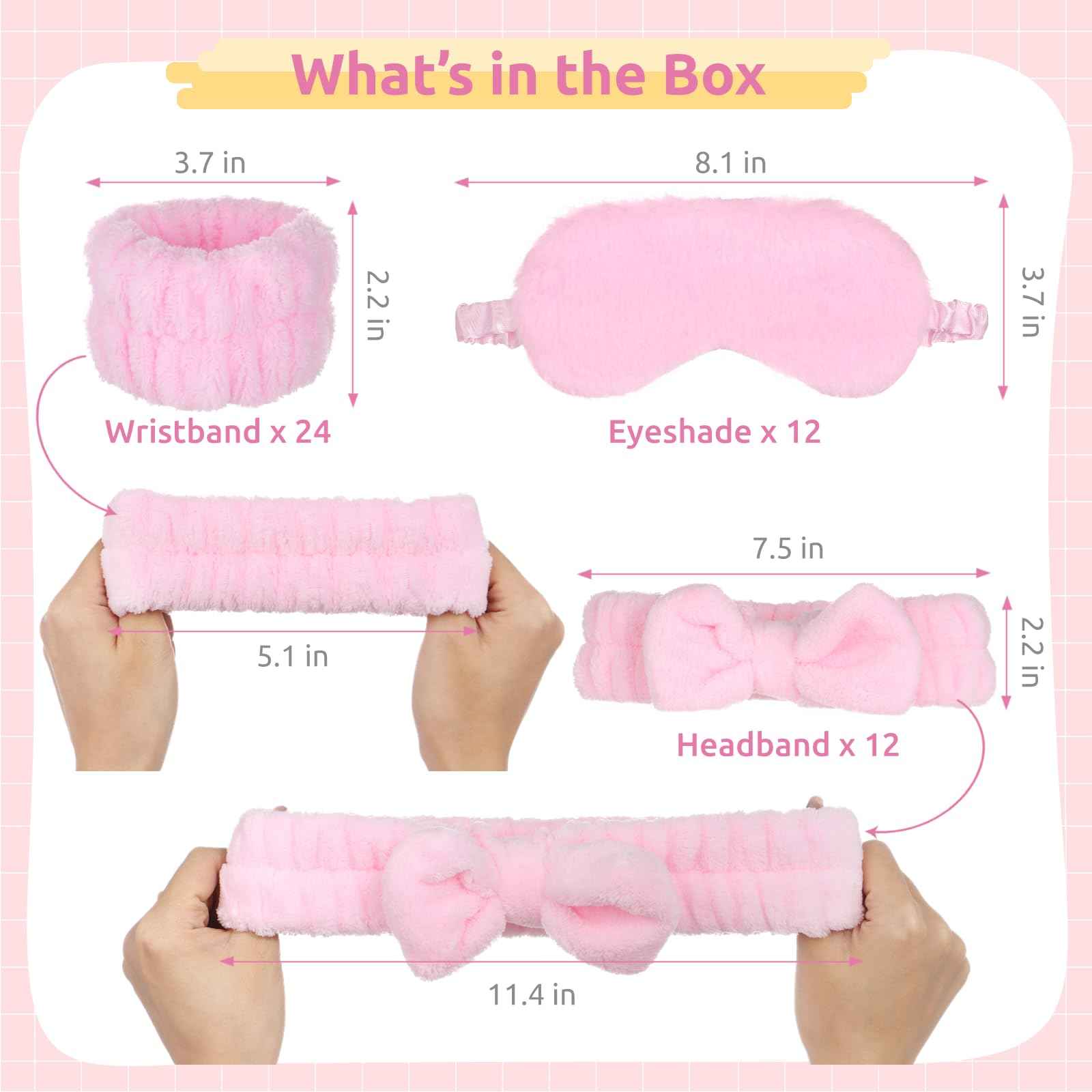 Lnrueg 48Pcs SPA Kit-12Pcs Spa Headband Bow + 24 Wrist Washband + 12 Sleep Eye Masks, Pink Party Supplies for Girls Women Birthday Sleepover Party Favors