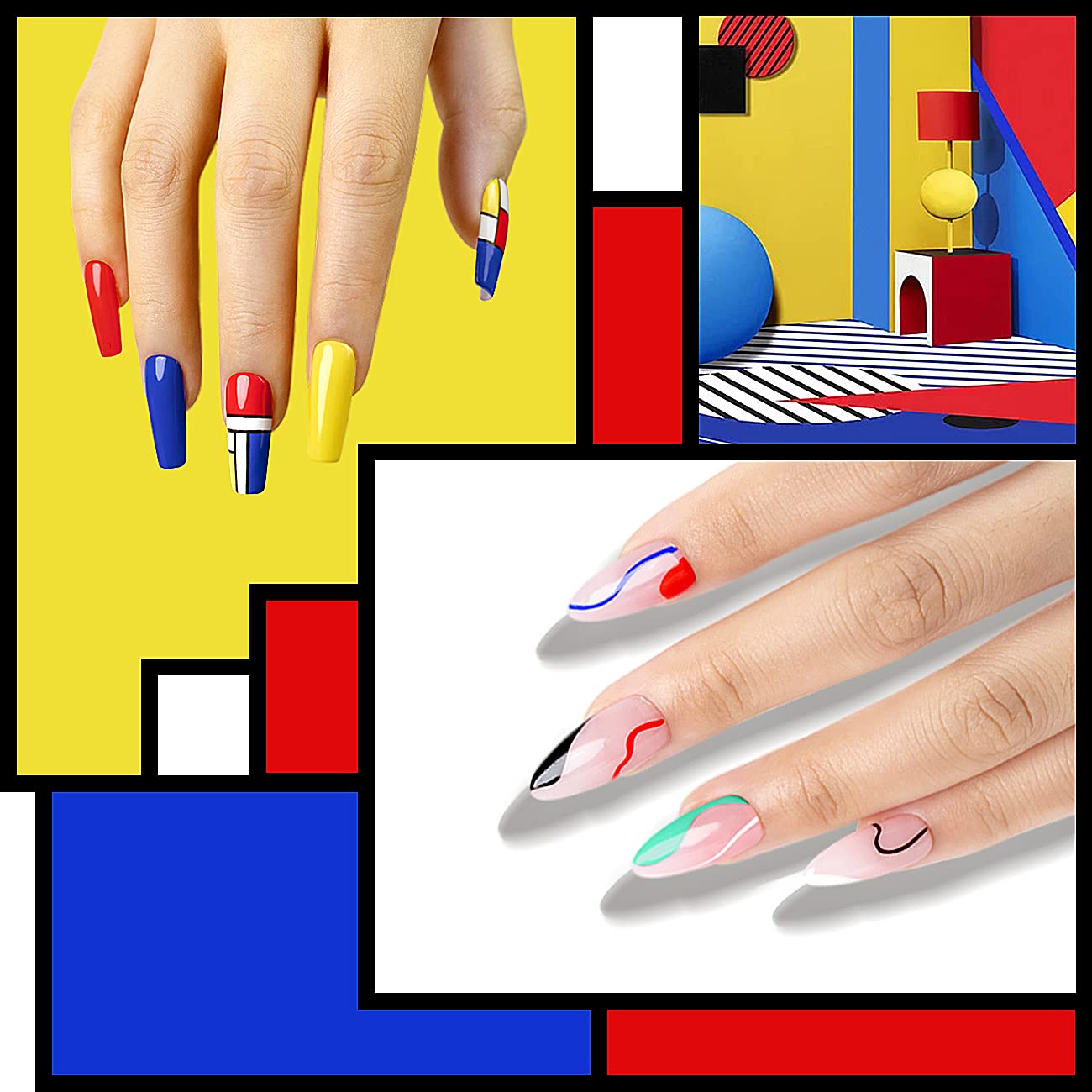 RARJSM Painted Gel Nail Polish Set,6pcs Black White Red Blue Green Yellow Liner Polish Pen UV LED Curing Requires Nail Painting Gel Polishes,Geometric 3D Nail Art DIY Nail Design